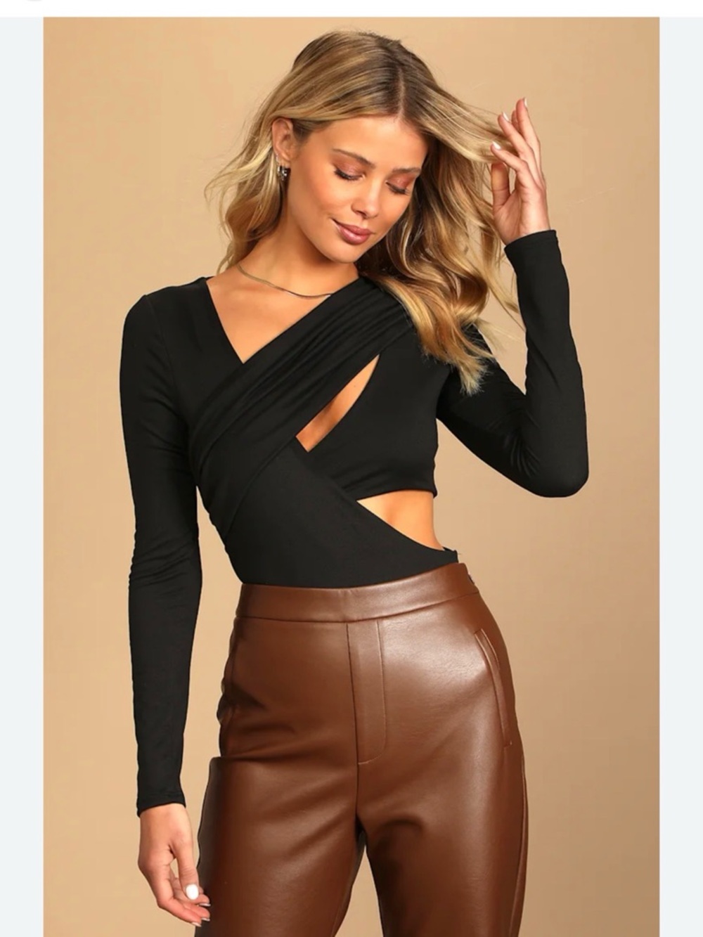 NWT Lulu's Black Long-Sleeve Cutout Wrap Bodysuit